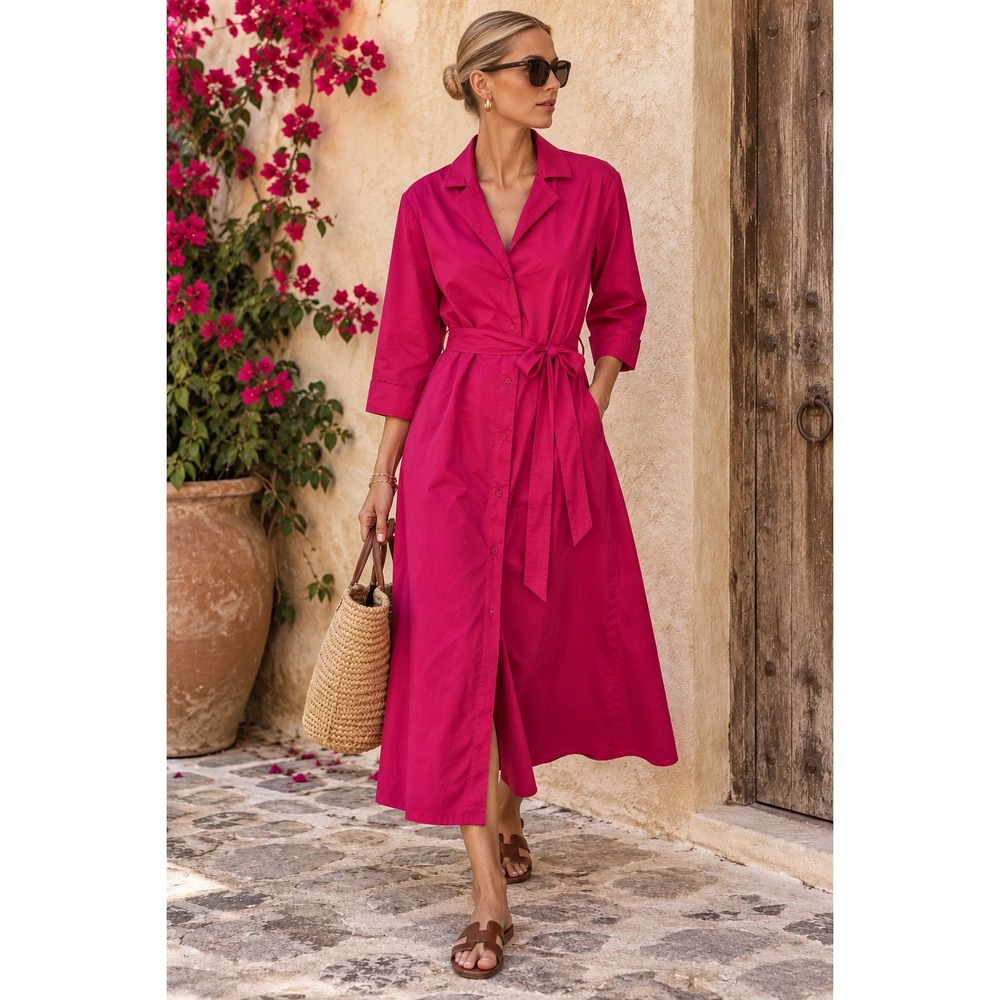 J Peterman 1947 Dress 4 Pink Fit Flare Belted Midi Shirtdress Retro